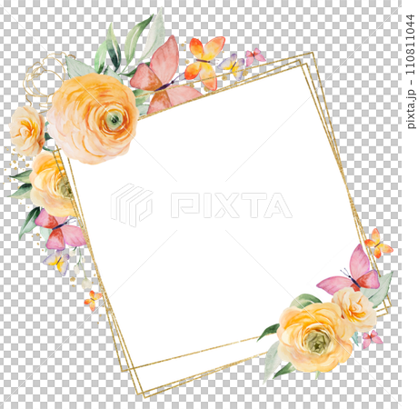 Frame with butterflies on orange and yellow watercolor flowers and green leaves, illustration Frame with butterflies on orange and yellow watercolor flowers and green leaves, illustration 110811044