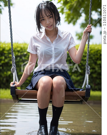 イラスト素材：制服姿の女子高生(ブランコ・梅雨・6月) 110811071