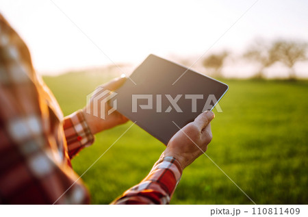 Tablet in the hands of a farmer. Smart farm. Farmer checking his crops on an agricultural field. 110811409