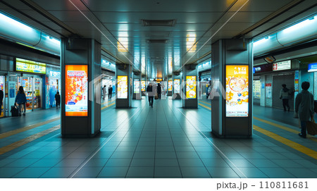 デジタルサイネージのある暗い駅地下道/AI素材 110811681