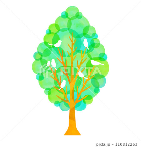 水彩タッチのかわいい木と鳥のイラスト 水彩タッチのかわいい木と鳥のイラスト 110812263