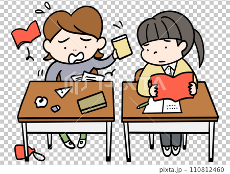 教室の机を並べた隣の子が探し物をしている 110812460