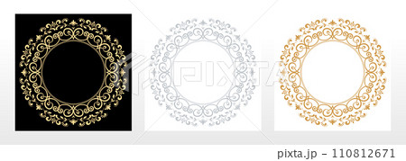 Set of decorative frames Elegant vector element for design in Eastern style, place for text. Floral black, gold and gray borders. Lace illustration for invitations and greeting cards 110812671