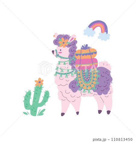 Cute alpaca carrying pillows design with rainbow and cactus. 110813450