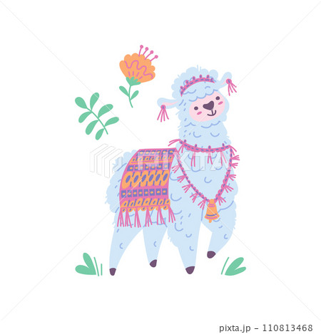Llama alpaca with textile decorations on blooming flowers, vector cartoon cute funny curly fur Lama animal, sheep Llama alpaca with textile decorations on blooming flowers, vector cartoon cute funny curly fur Lama animal, sheep 110813468