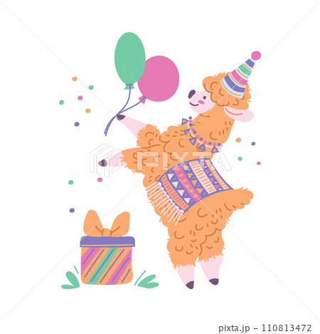 Cute alpaca on birthday, cartoon style vector illustration isolated on white 110813472