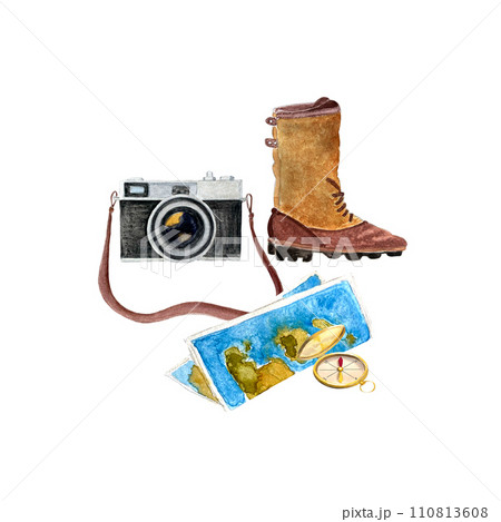 Watercolor vintage camera map compass boots composition isolated on white. 110813608