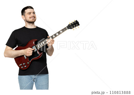 PNG,Attractive young guy playing the guitar, isolated on white background 110813888