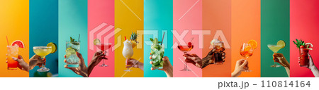 AI-generated content. Summer concept - diverse selection of hands hold classic cocktails, collage, solid color background, banner 110814164