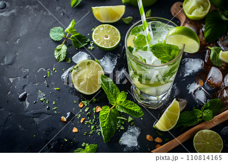AI-generated content. Mojito cocktail and ingredients with bar background AI-generated content. Mojito cocktail and ingredients with bar background 110814165