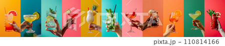 AI-generated content. Summer concept - diverse selection of hands hold classic cocktails, collage, solid color background, banner 110814166