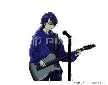 ギターを弾く男性のイラスト。バンドマンのイメージ絵。 ギターを弾く男性のイラスト。バンドマンのイメージ絵。 110814187