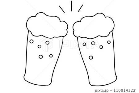 ビールで乾杯してるイメージ、シンプルな線画イラスト 110814322