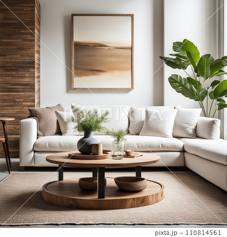 Living room interior with white sofa, coffee table and plants. Living room interior with white sofa, coffee table and plants. 110814561
