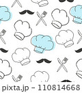 Chef hat, moustache, knife, fork seamless pattern hand drawn vector illustration. Line headdress on white background 110814668