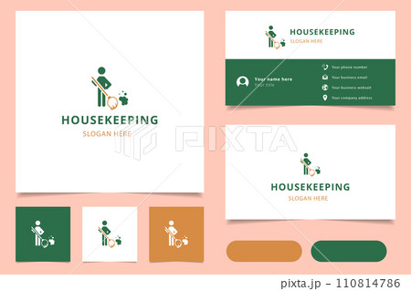 Housekeeping logo design with editable slogan. Branding book and business card template. 110814786