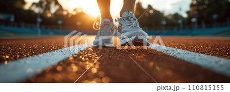 Male athlete's feet in running shoes on stadium starting line, poised for track and field event, capturing essence of sports dedication and marathon preparation, runner and health concept, Ai generate 110815155