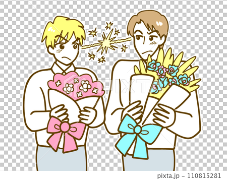 一個男人拿著一束花與他的對手擦出火花的插圖 一個男人拿著一束花與他的對手擦出火花的插圖 110815281