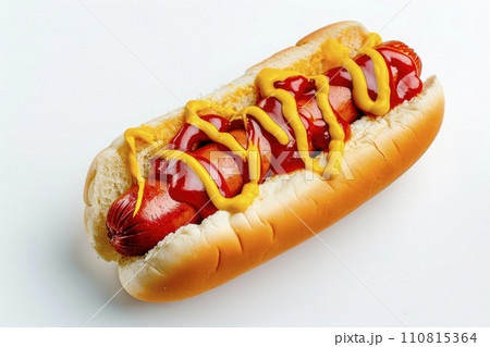 Classic hot dog with ketchup and mustard sauce isolated on white background Classic hot dog with ketchup and mustard sauce isolated on white background 110815364