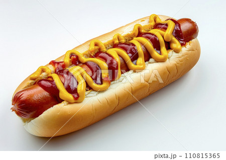 Classic hot dog with ketchup and mustard sauce isolated on white background Classic hot dog with ketchup and mustard sauce isolated on white background 110815365