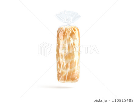 Blank bread in transparent cellophane pack mockup, no gravity Blank bread in transparent cellophane pack mockup, no gravity 110815488