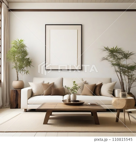 Mock-up empty poster frame on the wall over the couch in the living room interior 110815545