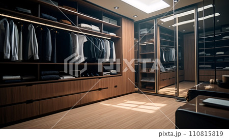 Modern luxury style warm wood walk in closet, minimal walk in wardrobe dressing room interior. generative ai 110815819