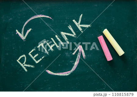 Hand writing Rethink on blackboard. 110815879