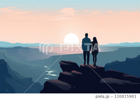 AI-generated content. couple stand on cliff on mountain view illustration 110815901