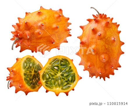 Set of kiwano with halves on a white background. Isolated Set of kiwano with halves on a white background. Isolated 110815914