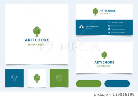 Artichoke logo design with editable slogan. Branding book and business card template. Artichoke logo design with editable slogan. Branding book and business card template. 110816199