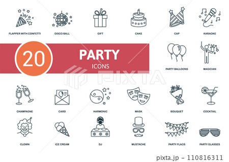 Party Icon set icon. Contains party icon illustrations such as disco ball, cake, karaoke and more. Party Icon set icon. Contains party icon illustrations such as disco ball, cake, karaoke and more. 110816311