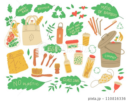 Zero waste concept, set of vector illustrations isolated on white 110816336