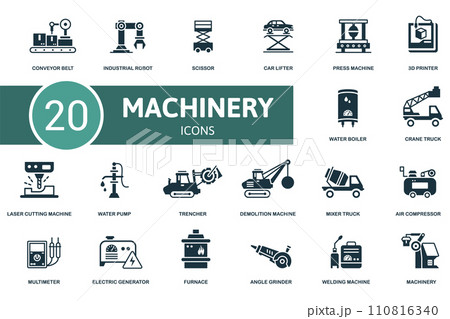 Machinery icon set. Contains editable icons machinery theme such as industrial robot, car lifter, 3d printer and more. 110816340