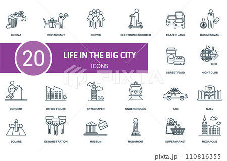 Big City set icon. Contains big city illustrations such as restaurant, electronic scooter, businessman and more. Big City set icon. Contains big city illustrations such as restaurant, electronic scooter, businessman and more. 110816355