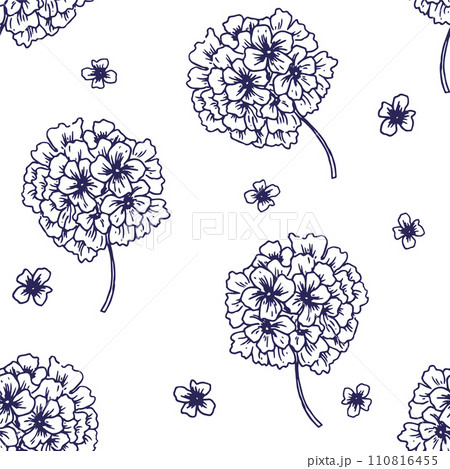 seamless pattern with hydrangea flowers, hand drawn in vintage style. sketch 110816455