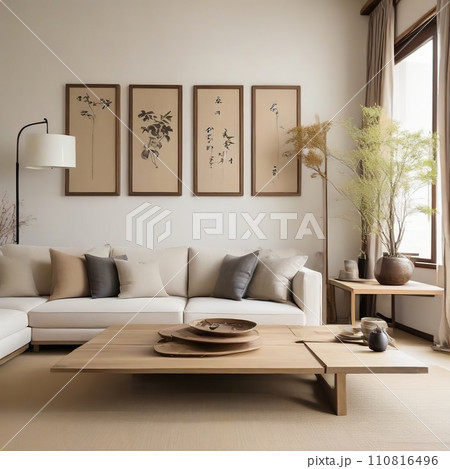 Living room interior design with sofa, lamp, plants, coffee table and Japanese art decoration on the wall 110816496