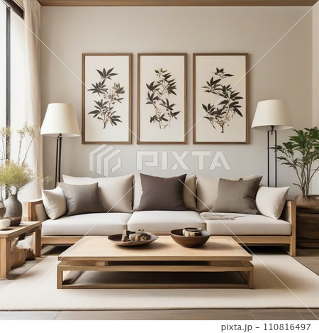 Living room interior design with sofa, lamp, plants, coffee table and Japanese art decoration on the wall Living room interior design with sofa, lamp, plants, coffee table and Japanese art decoration on the wall 110816497