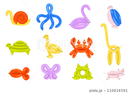 Balloon animals. Cartoon helium gas twisted sculptures of cute animals, minimal abstract characters for children party decoration. Vector set Balloon animals. Cartoon helium gas twisted sculptures of cute animals, minimal abstract characters for children party decoration. Vector set 110816591