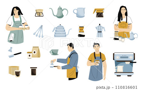 Barista with equipment. Cafe workers preparing coffee and other beverages, cafe and coffee shop characters with cups devices. Vector set Barista with equipment. Cafe workers preparing coffee and other beverages, cafe and coffee shop characters with cups devices. Vector set 110816601