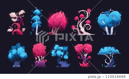 Fantastic magic trees. Cartoon alien forest with funny glowing leaves and branches, funny fairy tale elements for GUI design. Vector set Fantastic magic trees. Cartoon alien forest with funny glowing leaves and branches, funny fairy tale elements for GUI design. Vector set 110816666