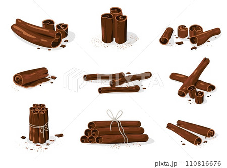 Cinnamon sticks. Organic sweet spice bark, dry cinnamons seasoning for baking dessert, organic herbal spice. Vector flat collection Cinnamon sticks. Organic sweet spice bark, dry cinnamons seasoning for baking dessert, organic herbal spice. Vector flat collection 110816676