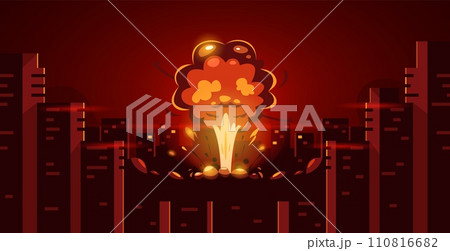 Cartoon explosion in city. Nuclear armageddon with fire and smoke in the middle of town, catastrophe with explosive fire wave. Vector set 110816682