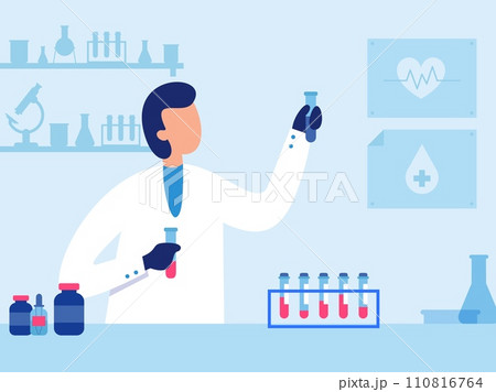 Scientist work in laboratory. Male researcher in uniform working with test tubes in laboratory. Person biochemist 110816764