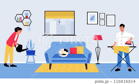 Man and woman doing household chores, domestic activities. Woman wife watering plants, man ironing t-shirt Man and woman doing household chores, domestic activities. Woman wife watering plants, man ironing t-shirt 110816814
