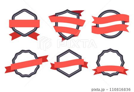 Flat ribbon banner badge. Premium quality certificate or reward. Frames of different geometric shapes Flat ribbon banner badge. Premium quality certificate or reward. Frames of different geometric shapes 110816836