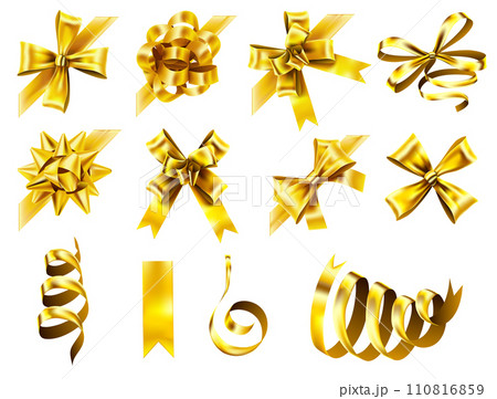Decorative corner bow. Golden favor ribbon, yellow angle bows and luxury gold ribbons Decorative corner bow. Golden favor ribbon, yellow angle bows and luxury gold ribbons 110816859