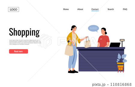 Clothing shop landing page. Woman buying things at boutique. Customer paying for purchase at getting shopping bag 110816868