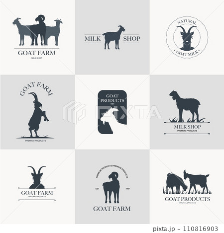 Goat dairy products logo. Milk cheese yogurt, fresh organic whole milk products in carton containers, dairy icons for packaging design. Vector illustration 110816903