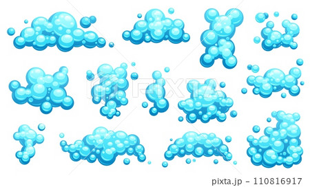 Cartoon shampoo foam set. Soapy bubbles and steam, shampoo foam and bubbles in shower, bubble foam and steam in water. Vector colorful isolated collection 110816917